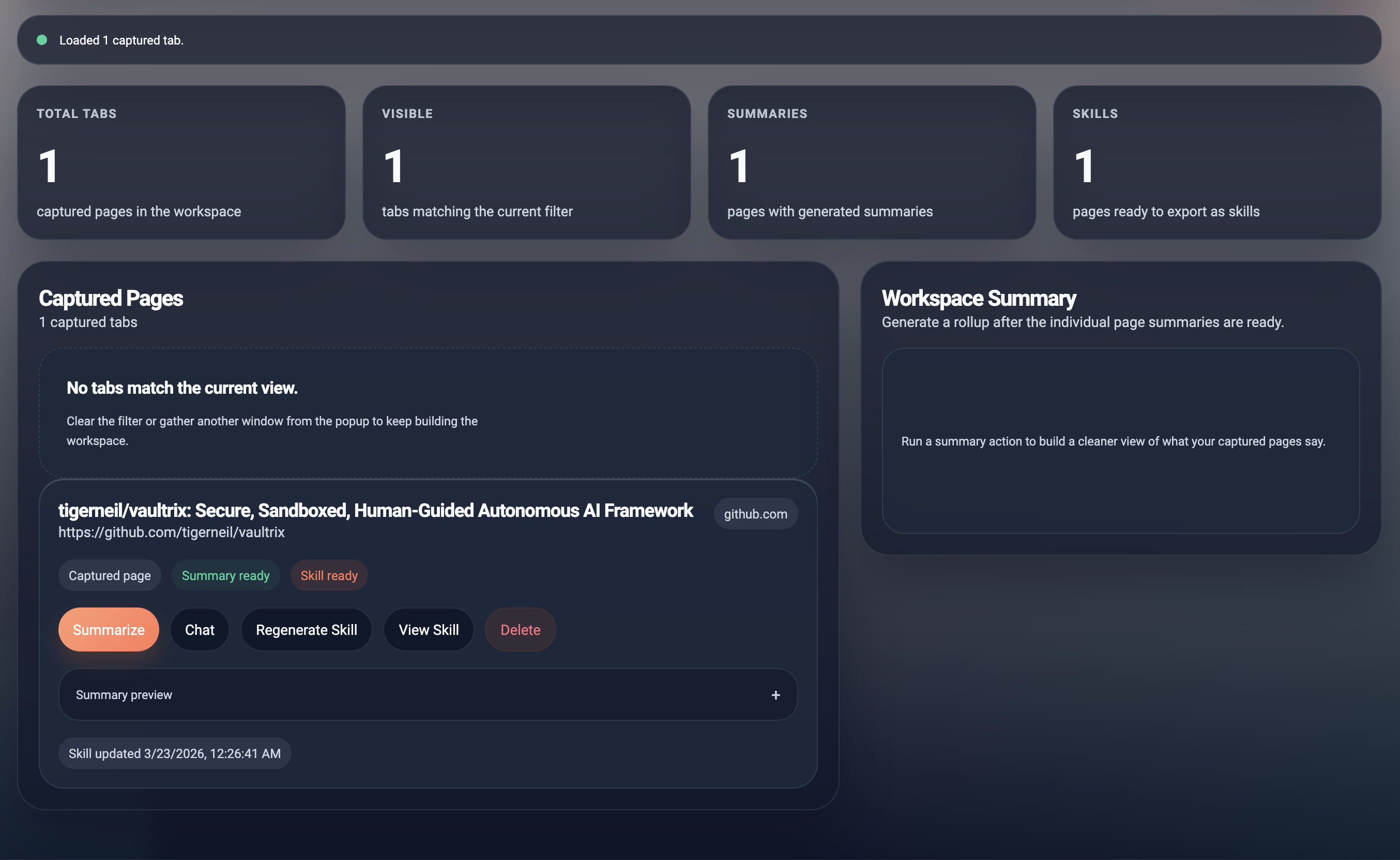 Captured pages, summaries, and skills